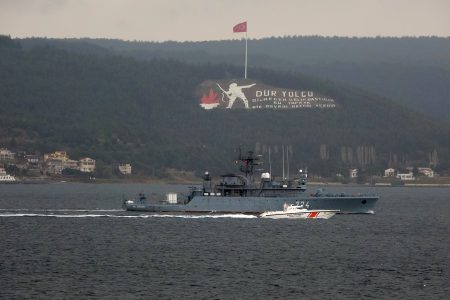 minelayer from romania passes through dardanelles strait