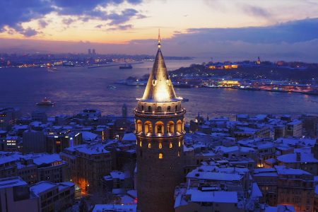 fascinating aerial view of galata tower and istanbul under snow