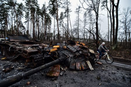 Destroyed Russian tanks recorded by drones in Ukraine’s Irpin city