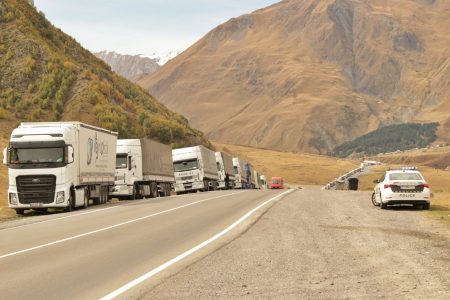 long queue of trucks on Russia-Georgia border crossing
