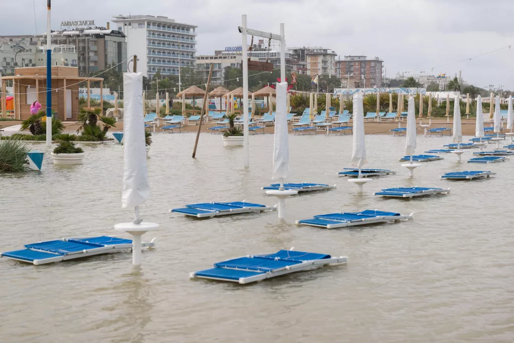 Flooded streets after storm surge in Emilia-Romagna region, Italy