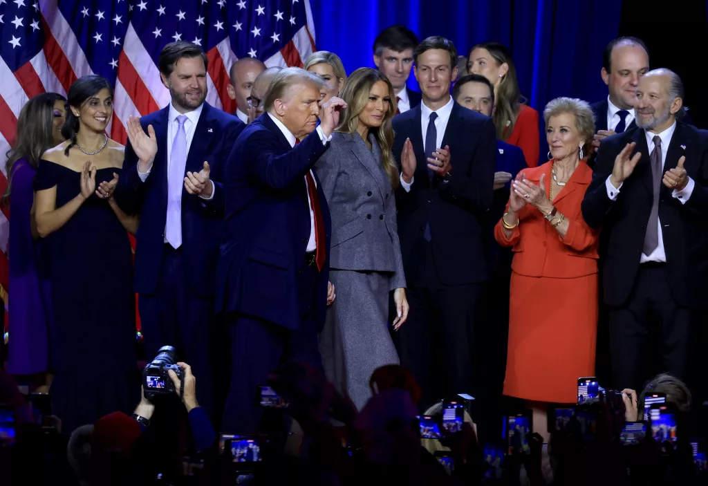Republican presidential candidate Trump reacts to elections results