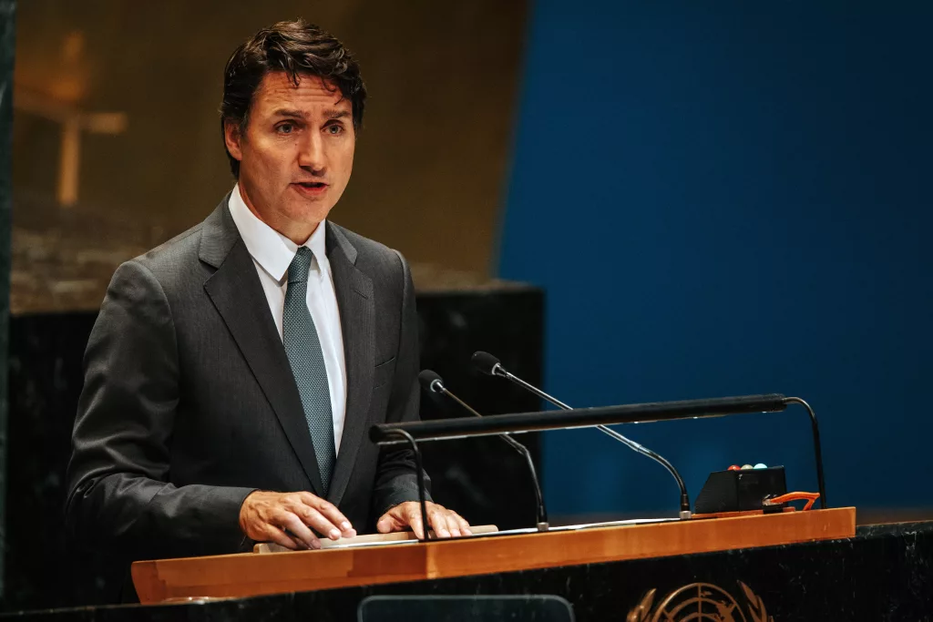 epa11619916 Canadian Prime Minister Justin Trudeau speaks during the 'Summit of the Future' being held in advance of this week’s General Debate of the 79th session of the United Nations General Assembly at United Nations Headquarters in New York, New York, USA, 22 September 2024. The Summit of the Future will be held from 22 to 23 September, bringing together world leaders to address critical global governance challenges. The first day of the General Debate will take place on 24 September, during a session which opened on 10 September under the theme 'Leaving no one behind: Acting together for the advancement of peace, sustainable development and human dignity for present and future generations'. EPA-EFE/OLGA FEDROVA