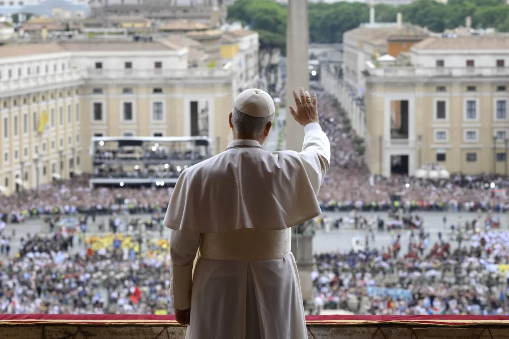 Pope Leo XIV leads Regina Caeli prayer from the Central Loggia of St. Peter's Basilica