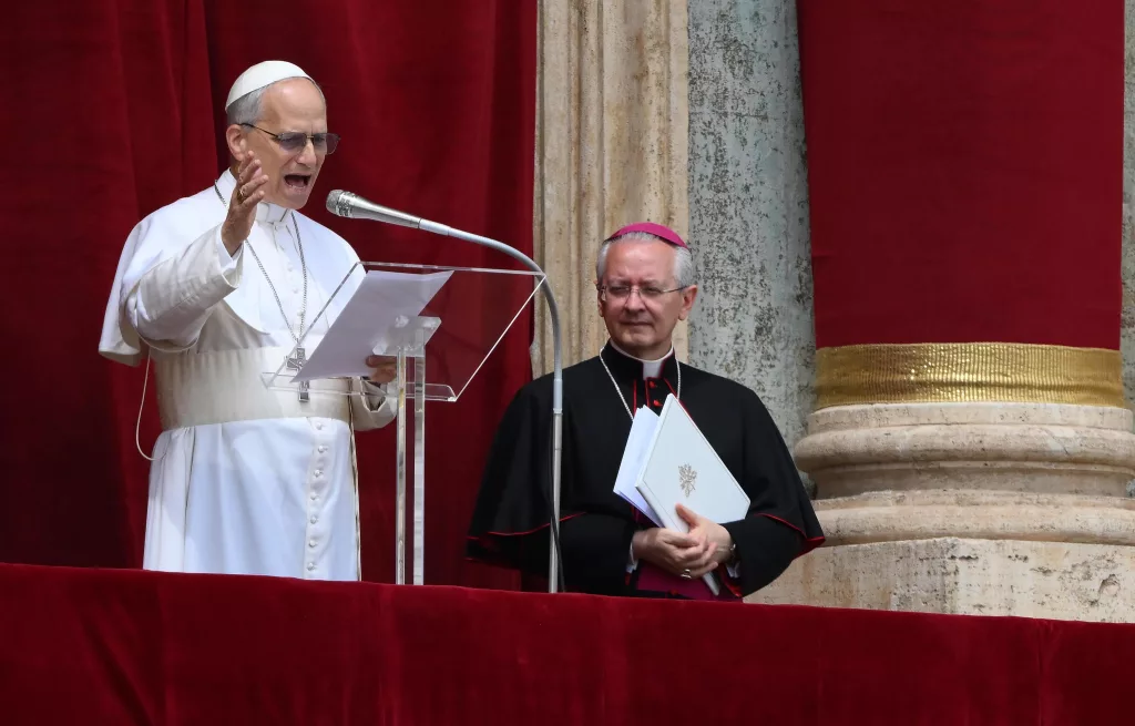 Pope Leo XIV leads Regina Caeli prayer from the Central Loggia of St. Peter's Basilica
